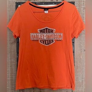 Harley Davidson Women’s t shirt XL orange with bedazzled appliqué great cond.
